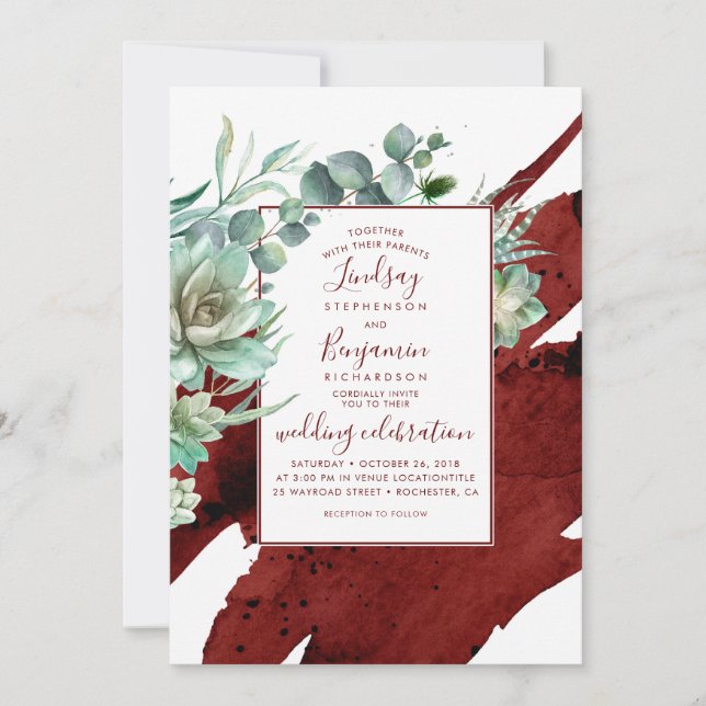 Invitation Succulents Verdure Bourgogne Rouge Mariage moderne (Devant)