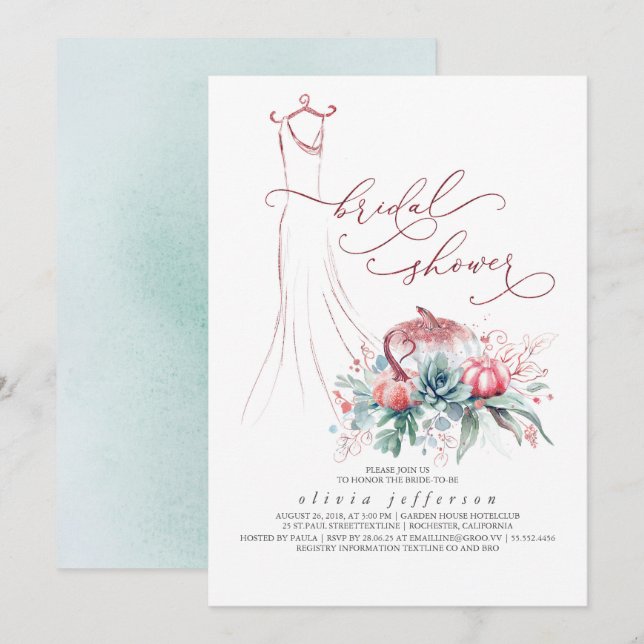 Invitation Succulents Verdure Citrouille robe Fête des mariée (Devant / Derrière)