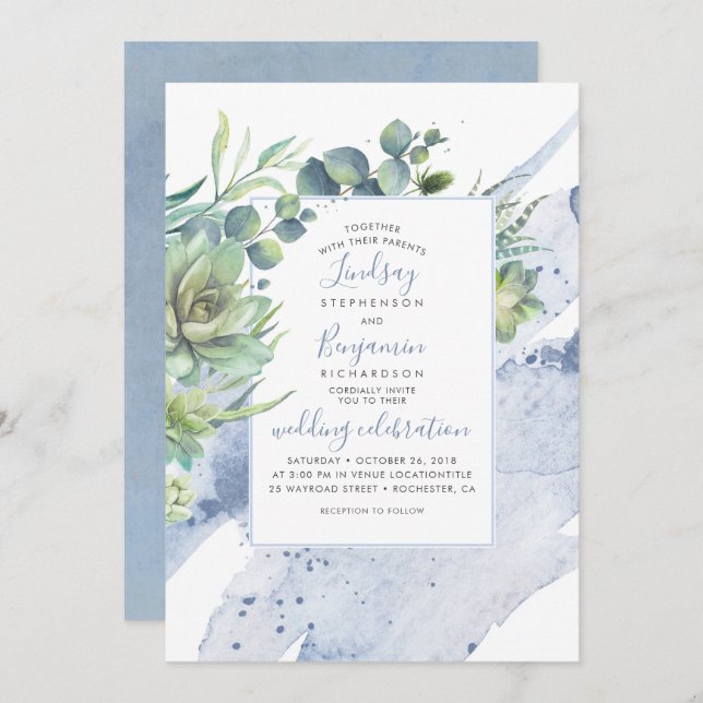 Invitation Succulents Verdure Dusty Bleu Élégant Mariage (Devant / Derrière)