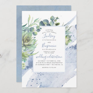 Invitation Succulents Verdure Dusty Bleu Élégant Mariage