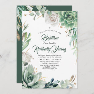 Invitation Succulents Verdure et Rose blanche Baptême
