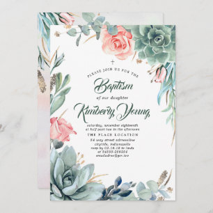 Invitation Succulents Verdure et Rose Rose Fille Baptême