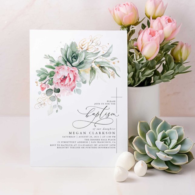 Invitation Succulents Verdure Fleurs roses Or Baptême (Pink Floral Succulents Greenery Baptism Invitations)