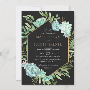 Invitation Succulents Verdure Géométrique Mariage de cadre Or