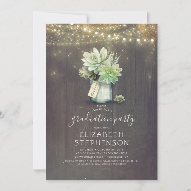 Invitation Succulents Verdure Mason Jar Rustique Graduation (Devant)