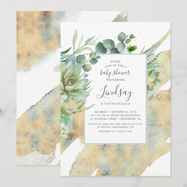 Invitation Succulents Verdure or Aquarelles Baby shower (Devant / Derrière)