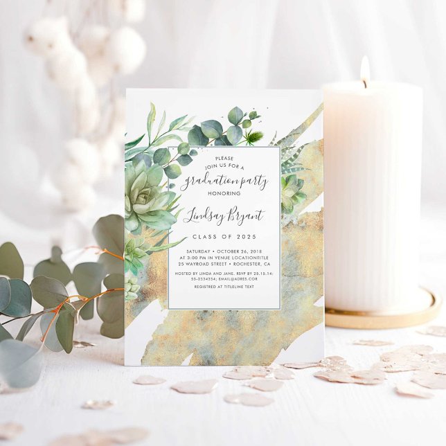 Invitation Succulents Verdure Or Aquarelles Graduation (Succulents Greenery Gold Graduation Party Invitations)