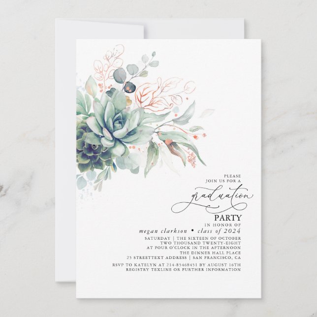 Invitation Succulents Verdure Rose Gold Feuilles Graduation (Devant)