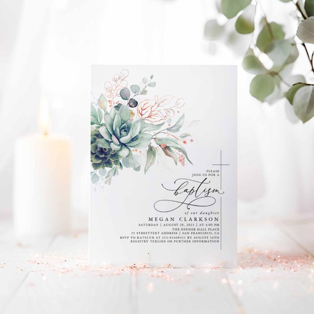 Invitation Succulents Verdure Rose Or Feuilles Baptême (Succulents Greenery Pink Baptism Invitations)