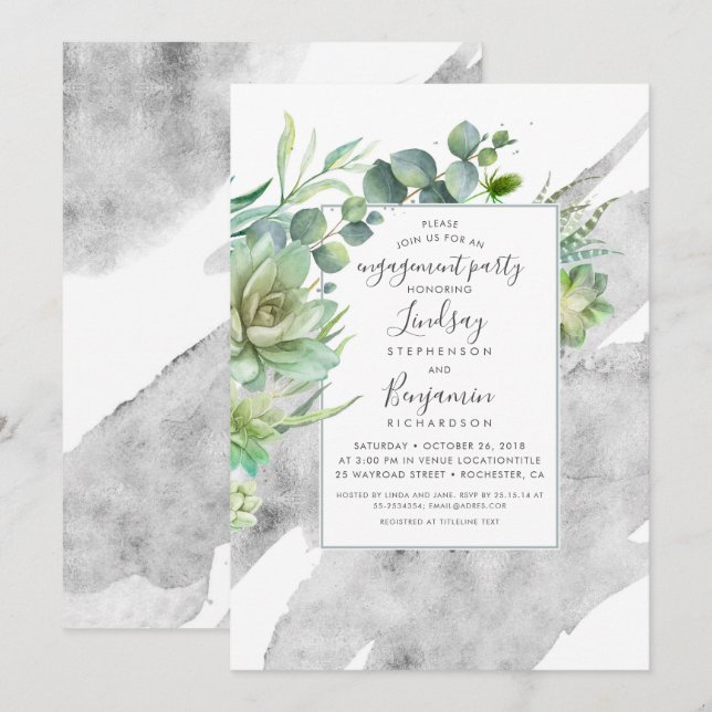 Invitation Succulents Vert Argent Foil Engagement (Devant / Derrière)