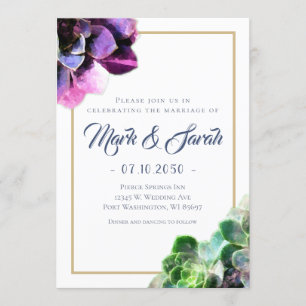 Invitation Succulents violets avec Mariage de ligne de bronza