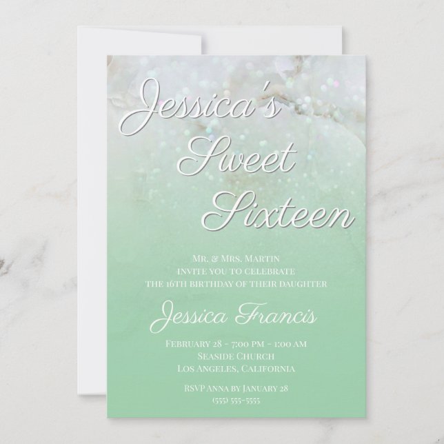 Invitation Sucette Seize Ans Ombre Vert Menthe Marbre Paillet (Devant)