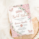 Invitation Sucré 16 fleurs de cerisier Rose Papillons d'or<br><div class="desc">Personnalisez cette jolie floraison de cerisiers Sweet 16 anniversaire invitation facilement et rapidement. Cliquez simplement sur le bouton customiser pour modifier les textes, modifier les polices et les couleurs des polices. Avec de belles fleurs de cerisiers aquarelles, des papillons d'or rose et un cadre géométrique or rose. Objets correspondants disponibles...</div>