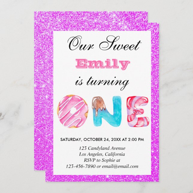 Invitation Sucré bonbon rose violet Parties scintillant premi (Devant / Derrière)