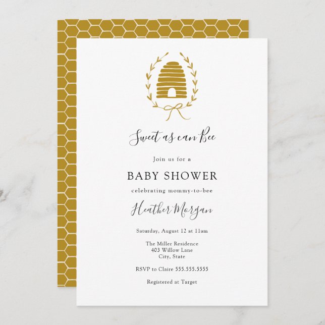 Invitation Sucré comme peut Bee Honeycomb Baby shower Invitat (Devant / Derrière)