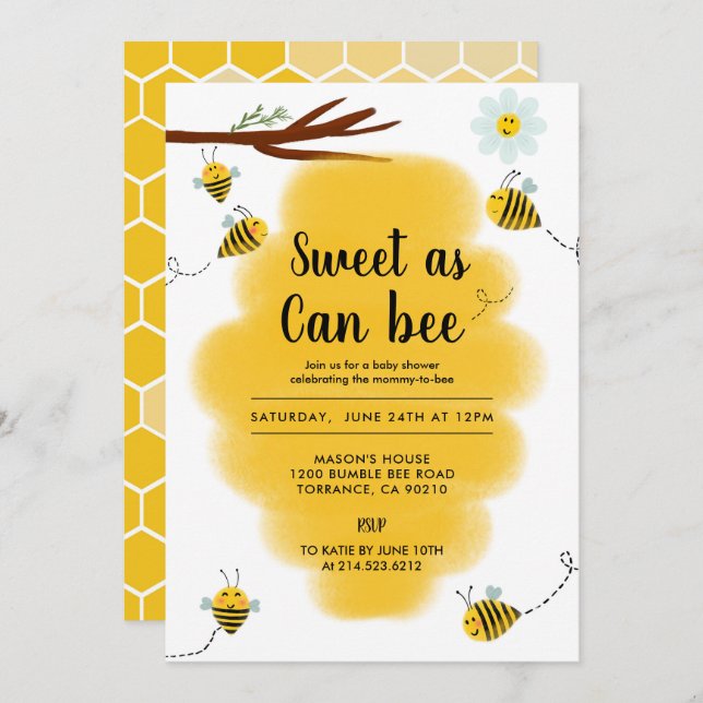 Invitation Sucré Comme Peut Être Bumble Baby shower Abeille (Devant / Derrière)