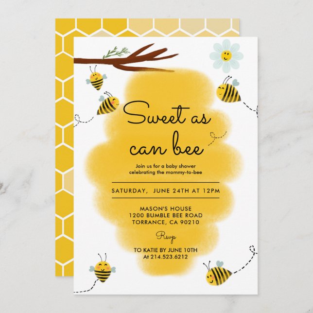 Invitation Sucré Comme Peut Être Bumble Baby shower Abeille (Devant / Derrière)
