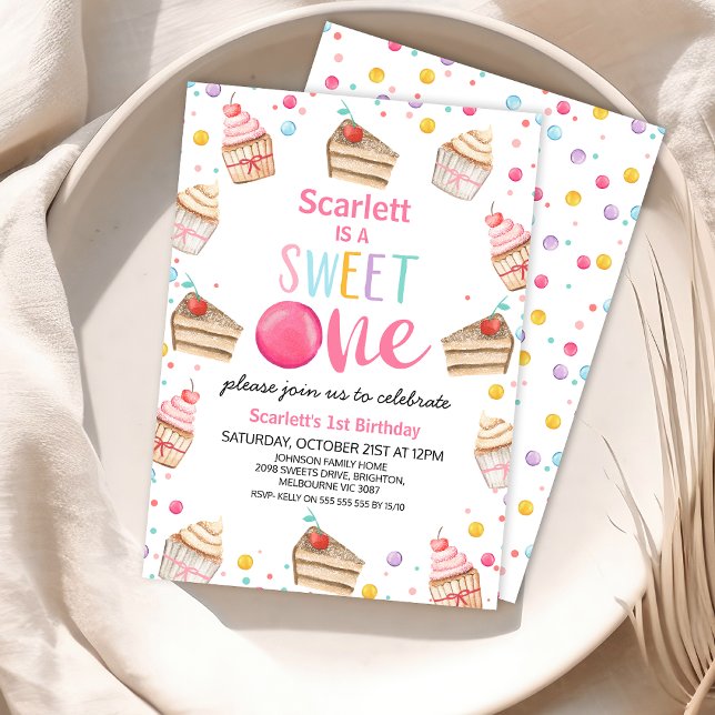 Invitation Sucré de gâteau multicolore Un 1er anniversaire (Printable Little Girls Sweet One 1st Birthday Invitation, Sweet One First Birthday Party Invite,)