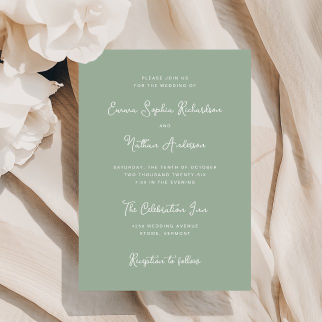 Invitation Sucré et capricieux | Mariage ivoire et sel vert (A stylish, sage green wedding invitation with ivory text)