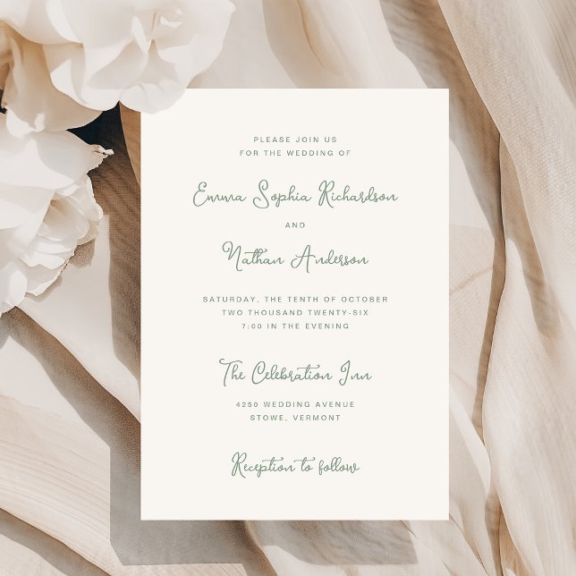 Invitation Sucré et capricieux | Mariage ivoire et sel vert (A stylish, ivory cream colored invitation with trendy sage green typography)
