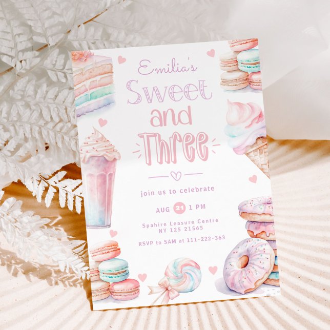 Invitation Sucré et trois bonbons pastel anniversaire 3 ans (Créateur téléchargé)