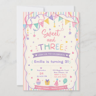 Invitation Sucré et trois friandises pastel 3ème anniversaire
