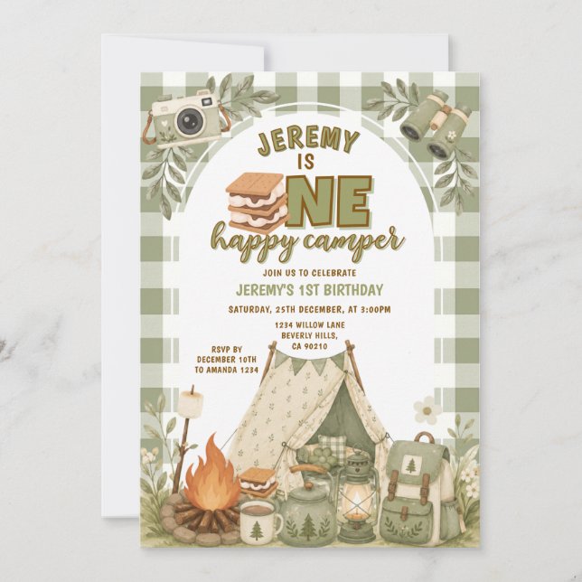 Invitation Sucreries Vertes Camping Garçon Campée Fête Vichy (Devant)