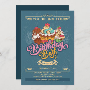 Invitation Sucres de Cupcake colorés sur l'anniversaire bleu