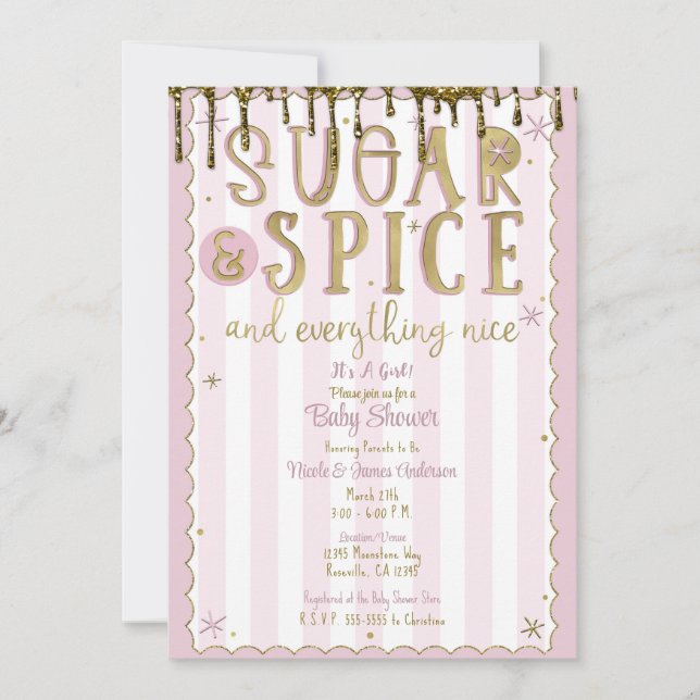 Invitation SUGAR & SPICE Or Glitter Doré Saupoudrer Rose Baby (Devant)