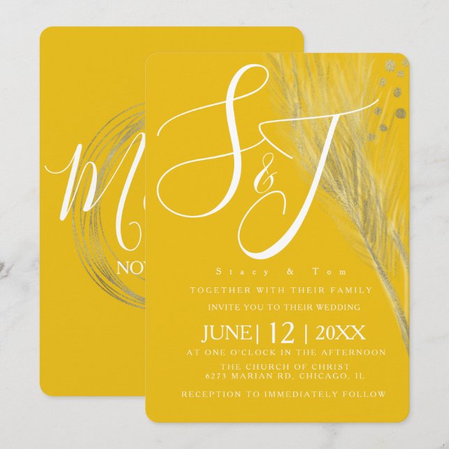Invitation Suite de mariage Pampas jaune moutarde or or orné (Devant / Derrière)