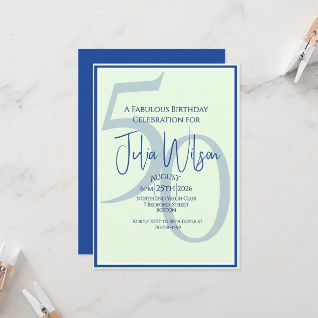 Invitation Suite Fête d'anniversaire 50 ans Bleu Moderne Côti (Devant/Arrière en situation)