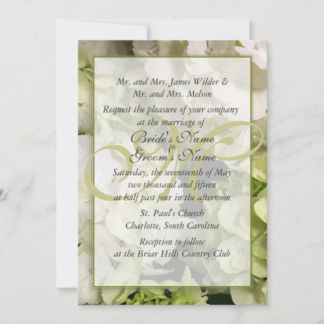 Invitation Suite verte blanche de mariage d'hortensia (Devant)