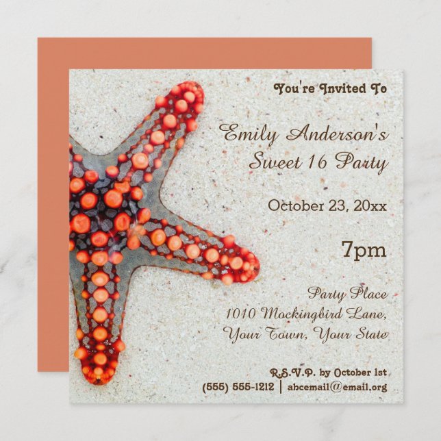 Invitation Summer Beach Coral Starfish Sweet 16 Anniversaire (Devant / Derrière)