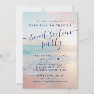 Invitation Summer Beach Pink Sunset Tropical 16e anniversaire