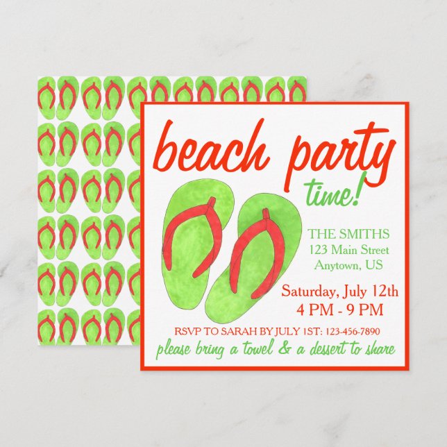 Invitation Summer Beach Pool Party Green Flip Flop Sandales (Devant / Derrière)