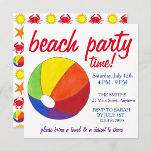 Invitation Summer Beach Pool Party Sun Beachball Crab