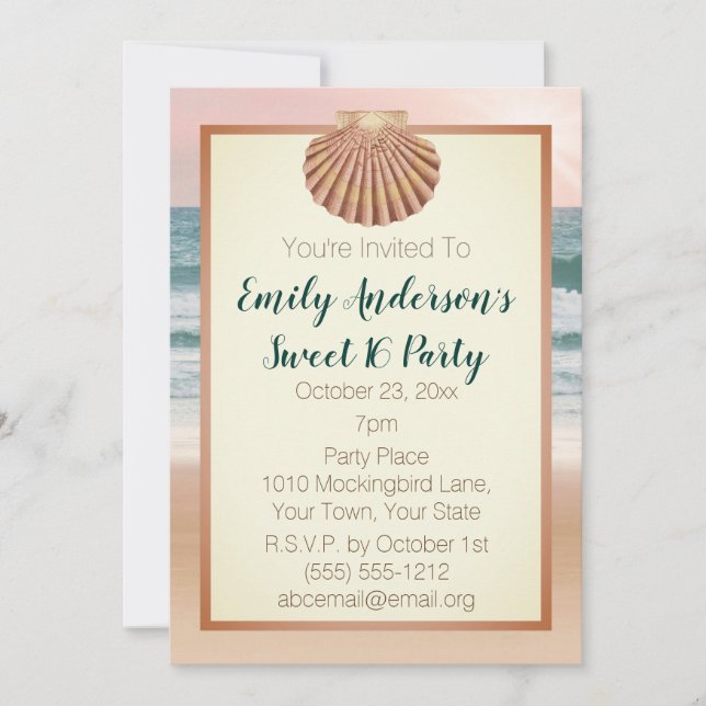 Invitation Summer Beach Seashell Pink Sunset Sweet 16 (Devant)
