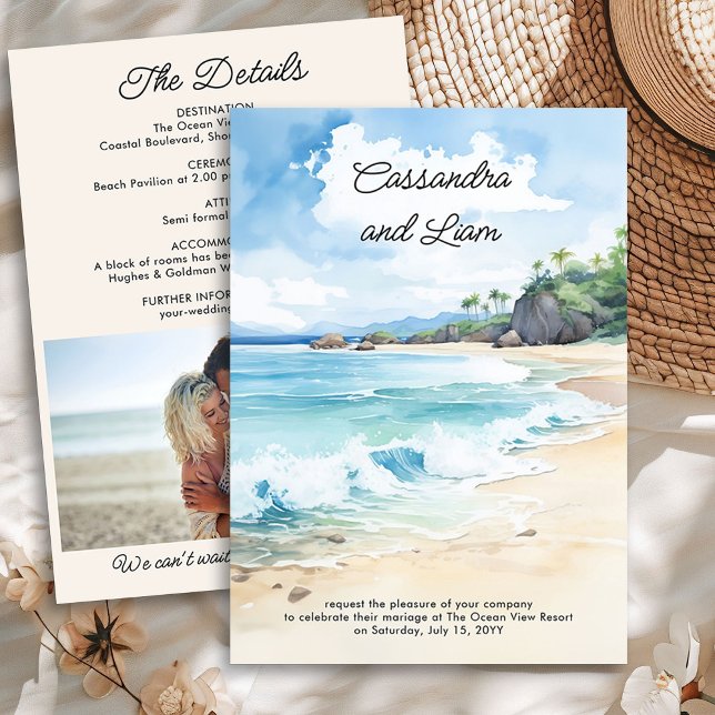 Invitation Summer Beach Watercolor Mariage & Détails Photo (Photo Wedding Invitation and Details from the Summer Beach Wedding Collection by Darling & May)