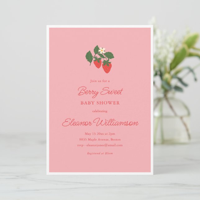 Invitation Summer Berry Sweet Strawberry Pink Baby Shower (Debout devant)