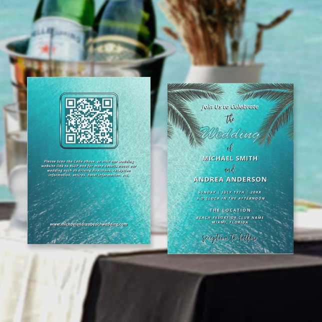 Invitation Summer Blue Ocean Palm Trees Beach Wedding QR Code (Créateur téléchargé)
