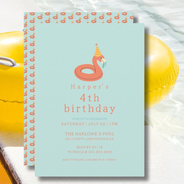 Invitation summer flamingo modern kids birthday pool party (flamingo kids birthday pool party modern aesthetic invitations )