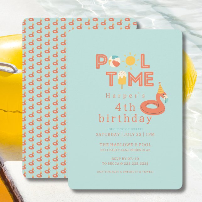 Invitation summer flamingo popsicle kids birthday pool party (pool time flamingo beach ball sun popsicle  birthday party invitation )