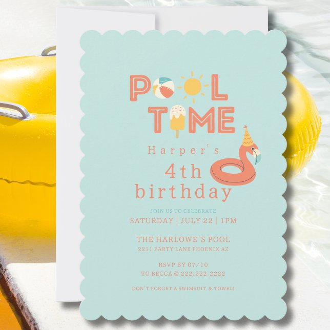 Invitation summer flamingo popsicle kids birthday pool party (pool time flamingo beach ball popsicle sun birthday pool party invitation)