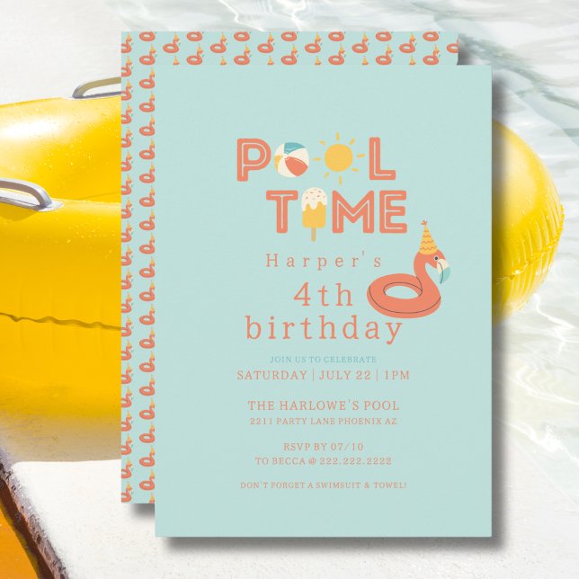Invitation summer flamingo popsicle kids birthday pool party (pool time flamingo beach ball sun popsicle personalized birthday pool party invitation )