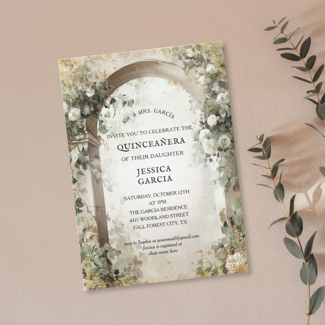 Invitation Summer Floral Arch Enchanted Garden Quinceañera  (elegant white roses arch with golden accents sweet 16 birthday invitation)