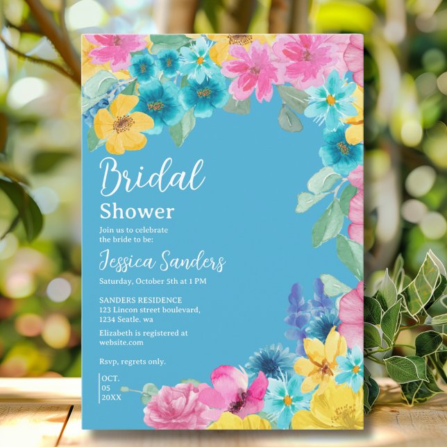 Invitation Summer floral Bridal Shower with Photo Blue (Créateur téléchargé)
