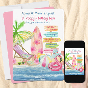 Invitation Summer Fun Beach et Surf Girls Anniversaire