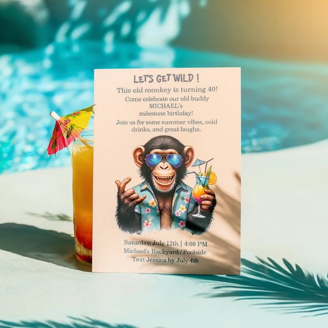 Invitation Summer Monkey Let's Get Wild 40th Birthday  (Summer Monkey Let's Get Wild 40th Birthday Invitation)