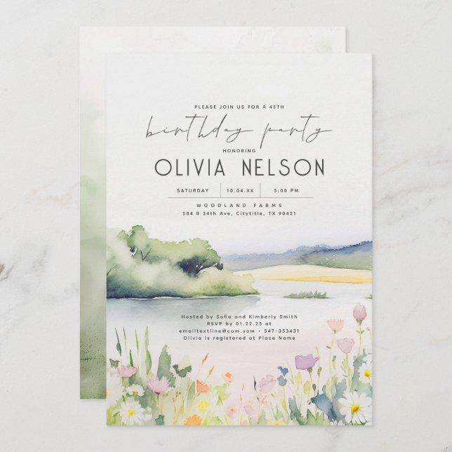 Invitation Summer Nature et fête d'anniversaire Fleur sauvage (Devant / Derrière)