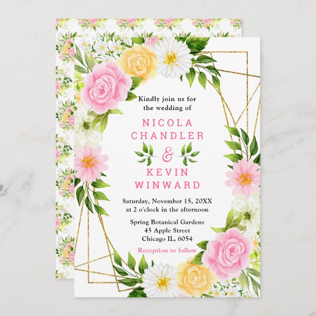 Invitation Summer Pink and Yellow Flowers and Foliage Wedding (Devant / Derrière)